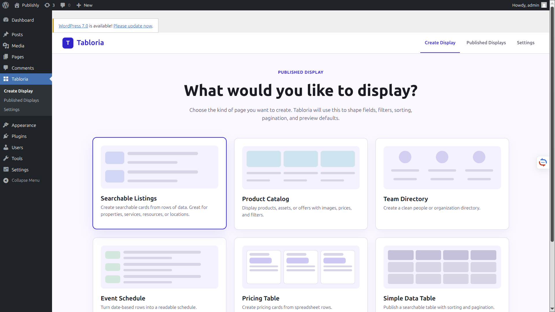 Tabloria display embedded inside the WordPress Gutenberg editor