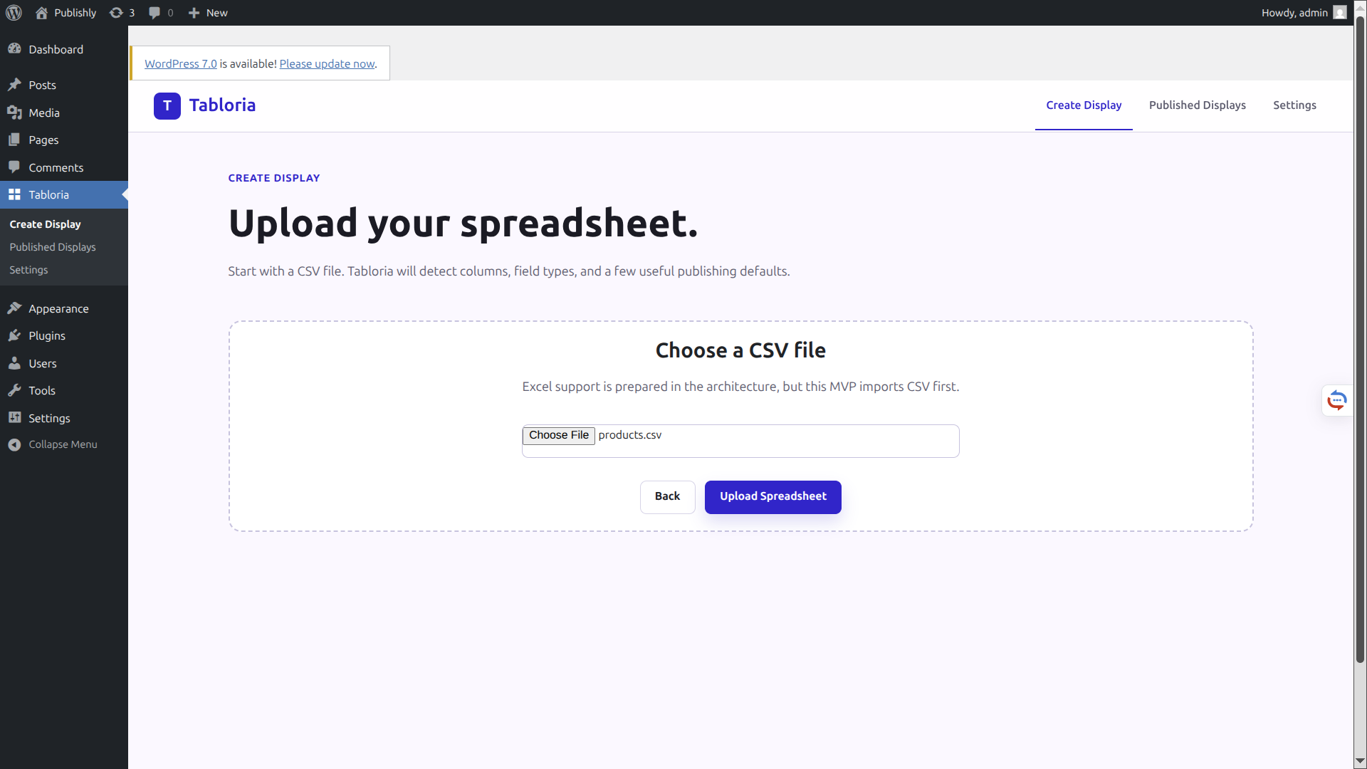 Uploading a CSV file in Tabloria