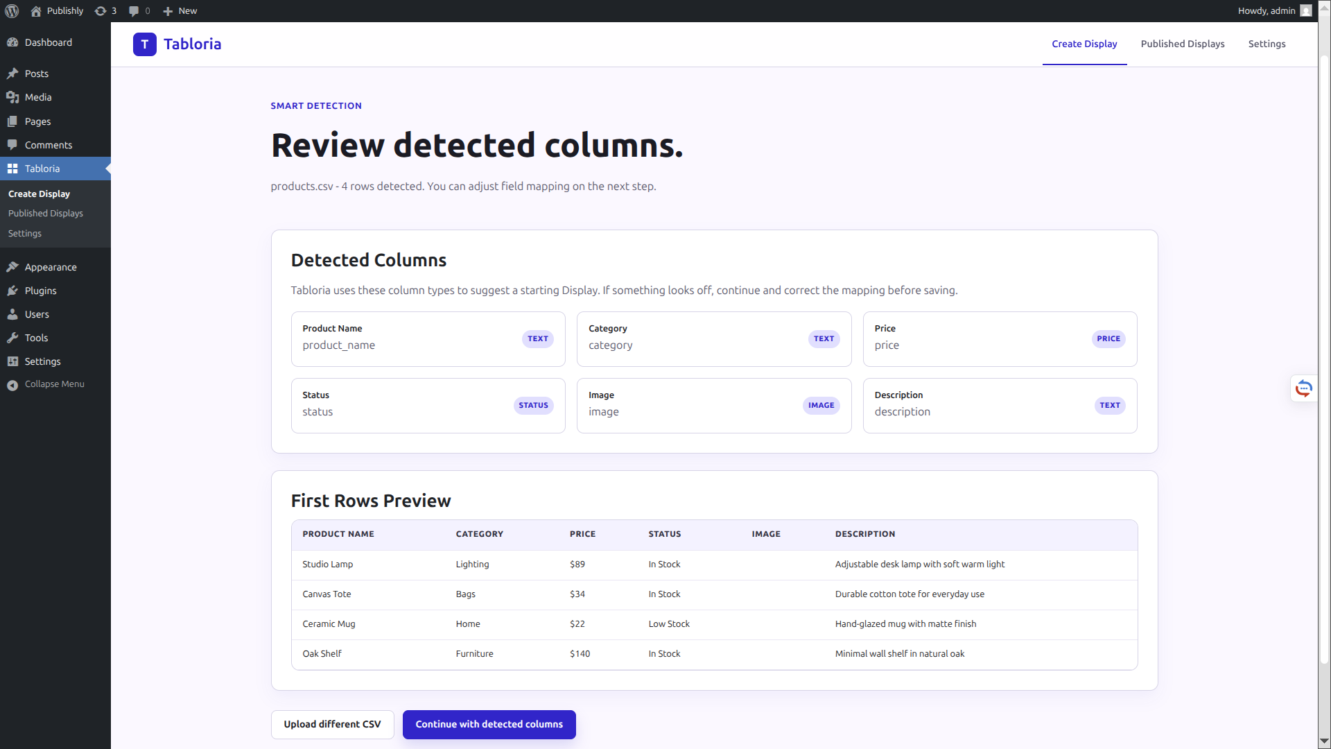 Reviewing detected CSV columns in Tabloria