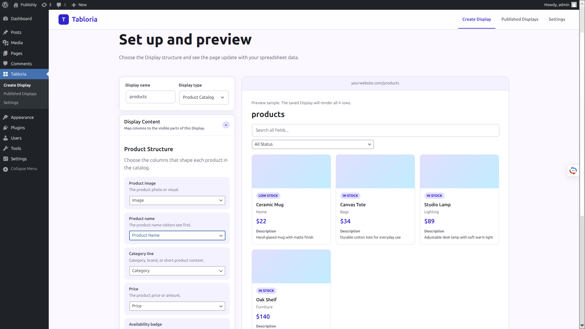 Tabloria setup and preview screen inside WordPress admin