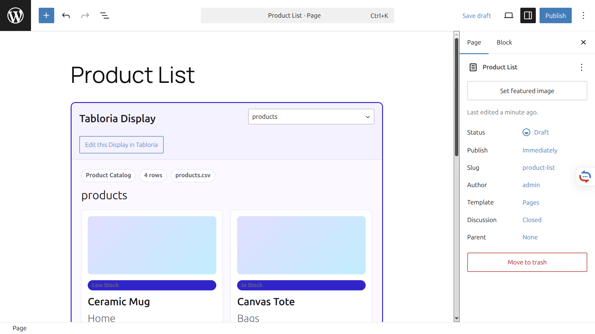 Published Tabloria display inside Gutenberg page editor